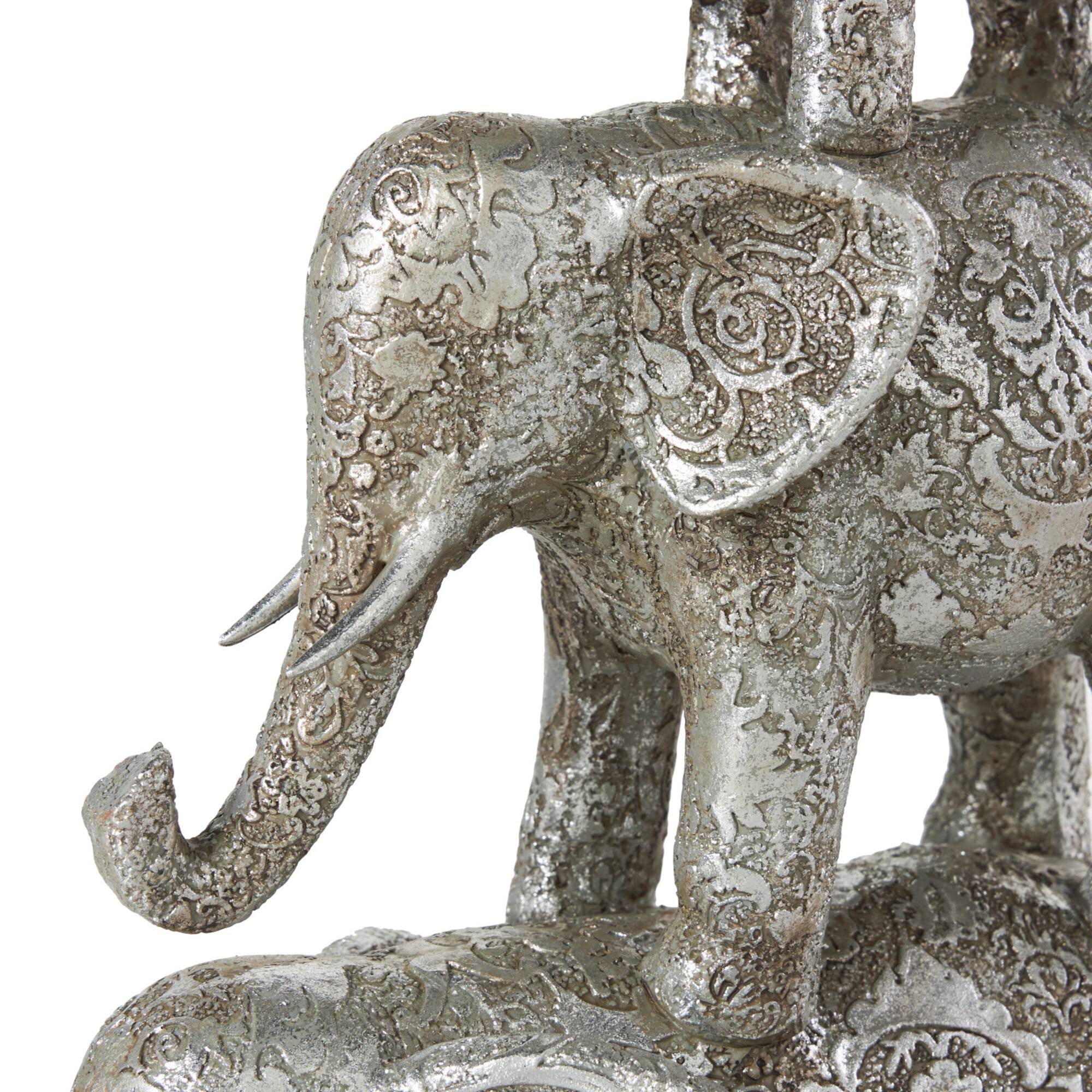 18" Silver Polystone Elephant Floral Engraved Stacked Sculpture